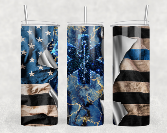Star Of Life Blue Line Flag Tumbler Wrap