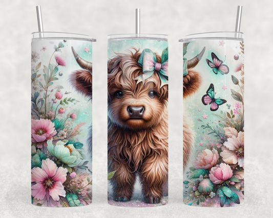 Highland Cow Violet & Teal Flowers Tumbler Wrap