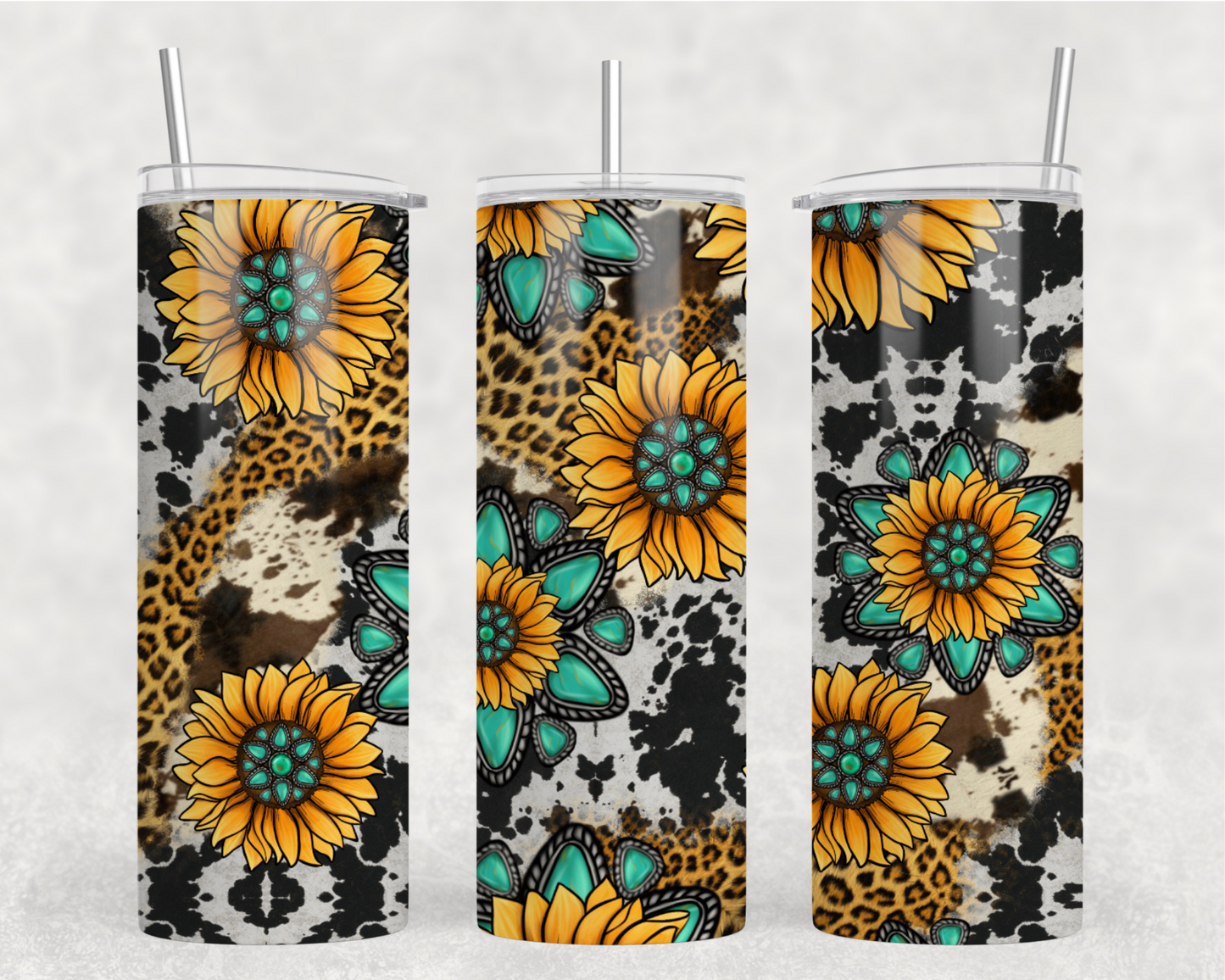 Cow Print & Turquoise Flowers Tumbler Wrap