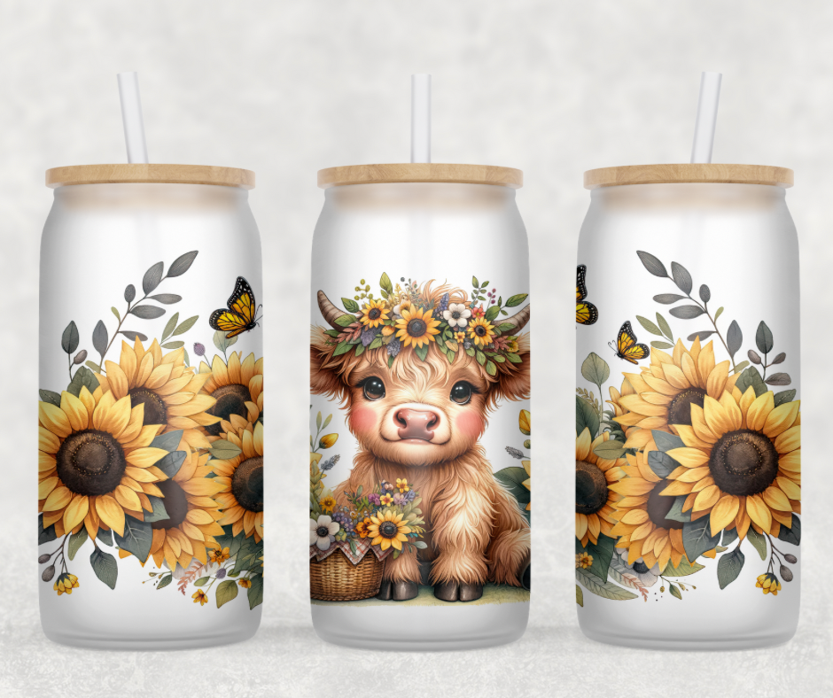 Sunflower Highland Cow Glass Can Wrap