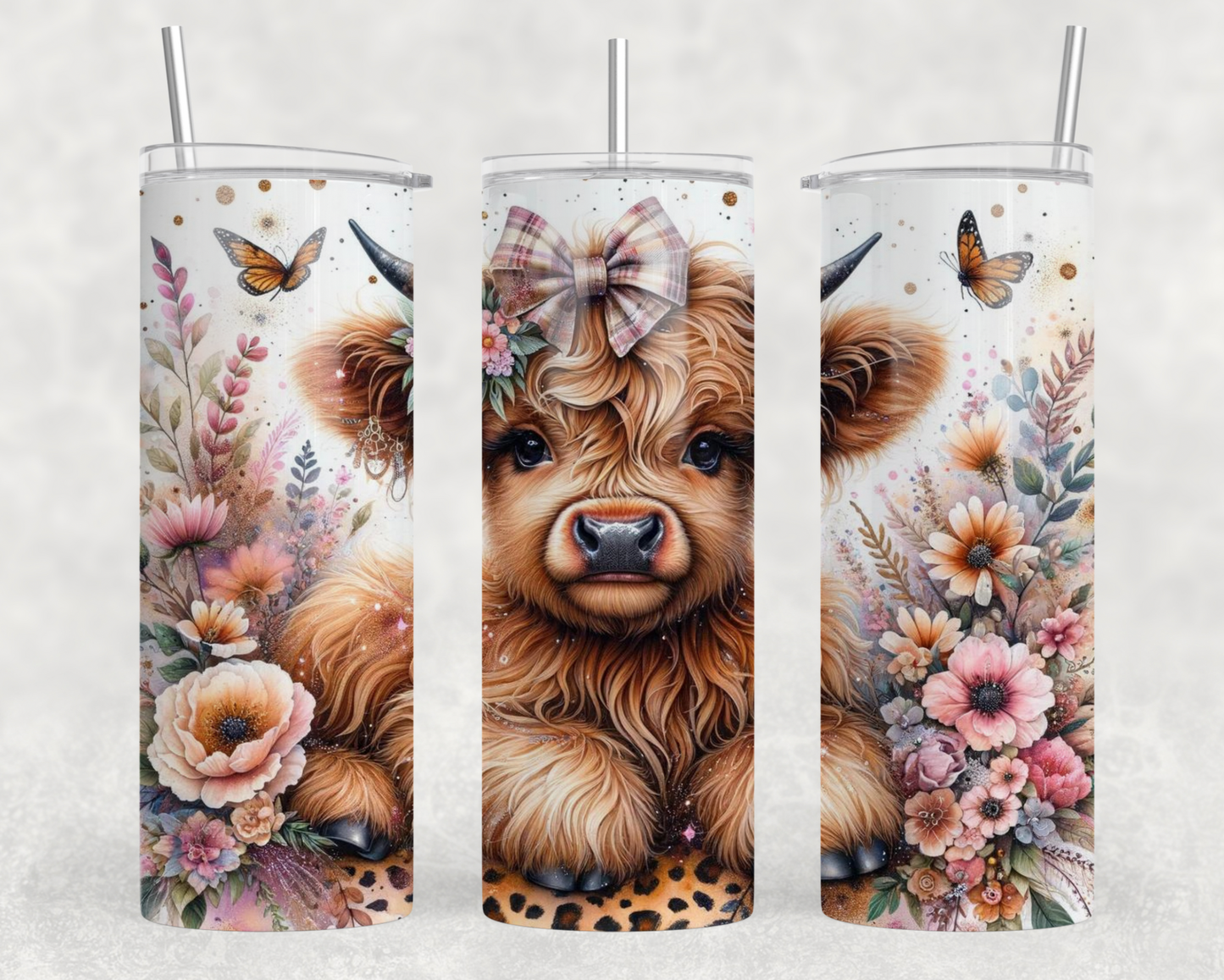 Spring Flowers Highland Cow Flowers Tumbler Wrap