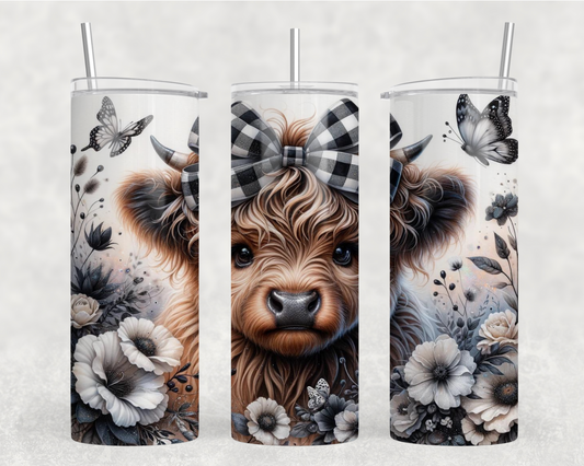 Highland Cow Plaid Bow Grey Flowers Tumbler Wrap