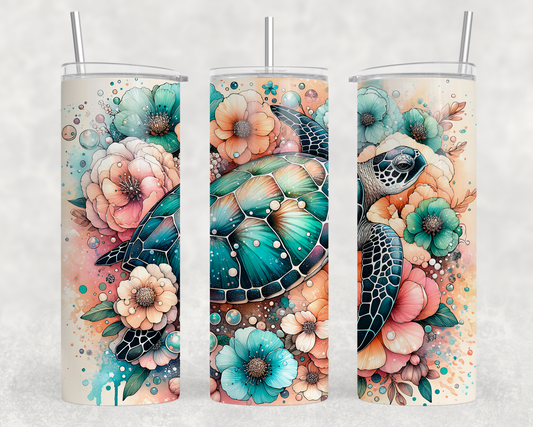 Peach Floral Sea Turtle Sublimation Tumbler Wrap