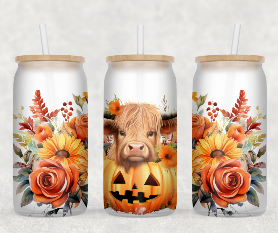 Pumpkin Highland Cow Glass Can Wrap