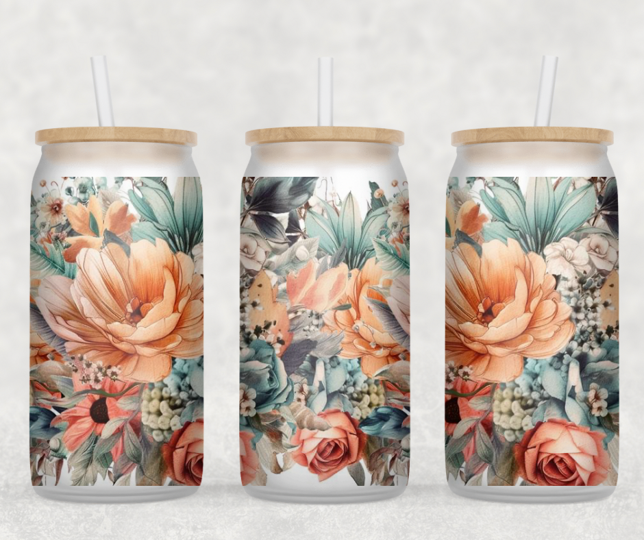 Peach & Teal Floral Glass Can Wrap