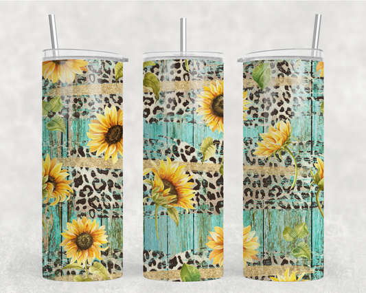 Teal Wood & Sunflowers Sublimation Tumbler Wrap