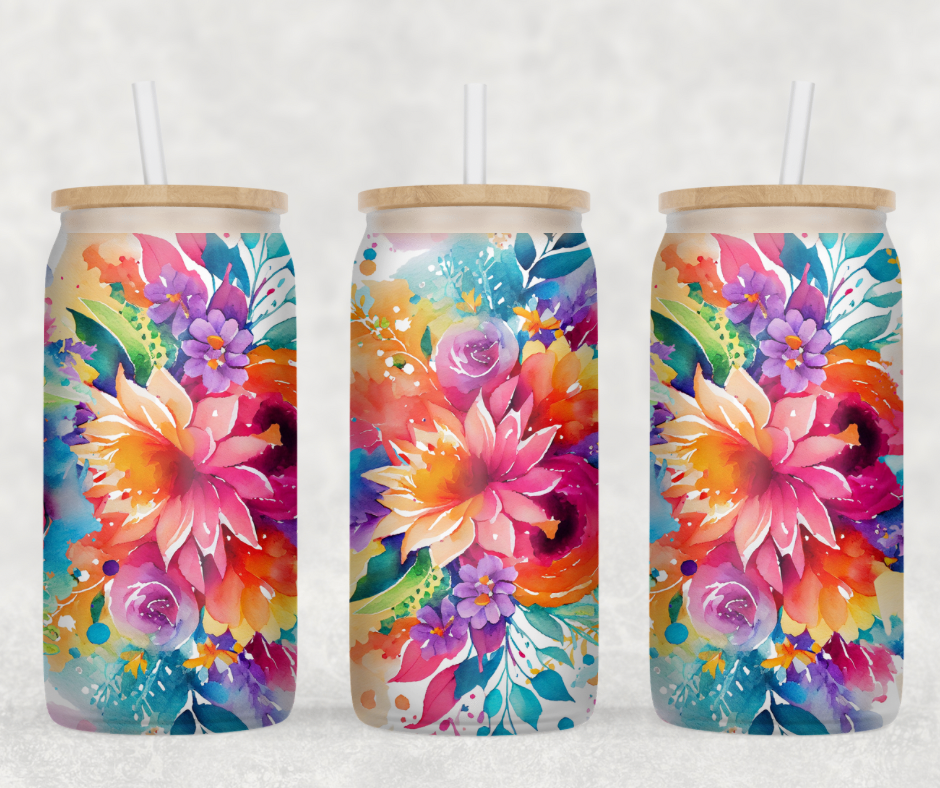 Watercolor Floral Glass Can Wrap