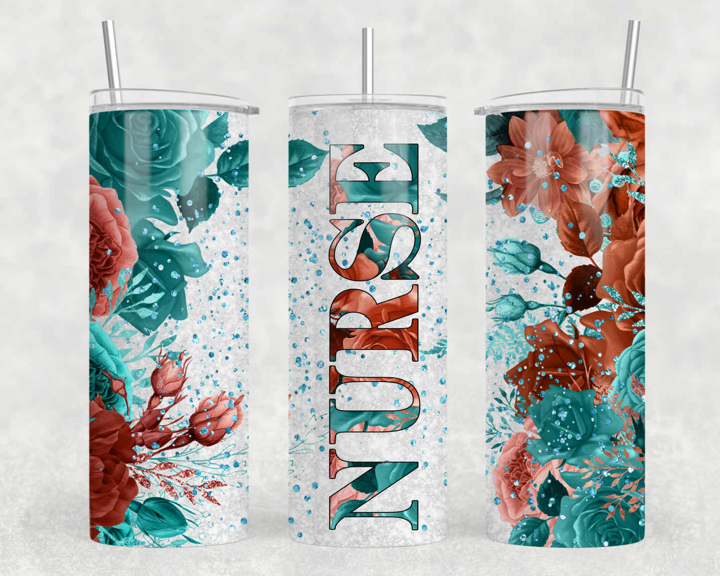 Rust & Teal Floral Nurse Tumbler Wrap