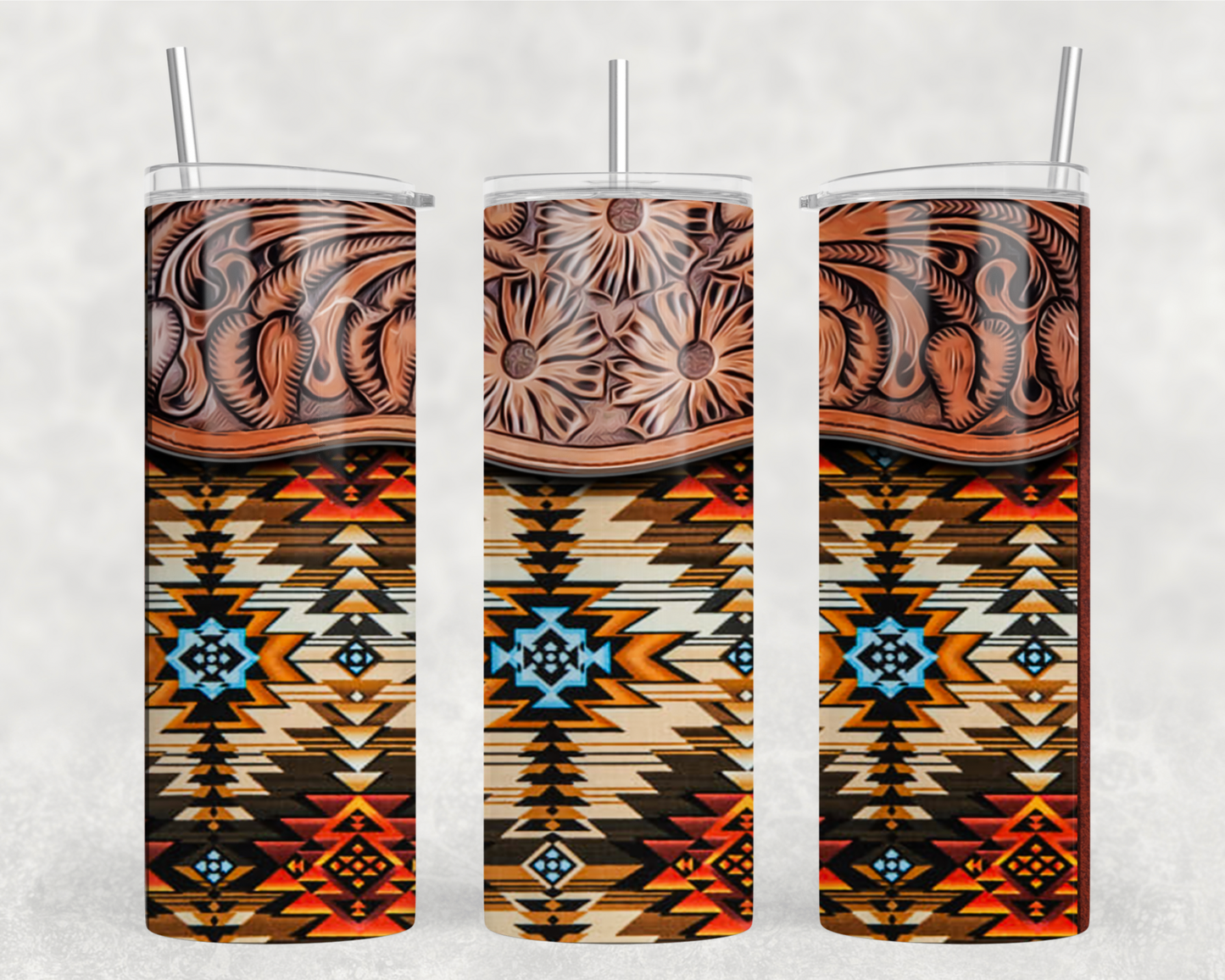 Aztec Tooled Leather Tumbler Wrap