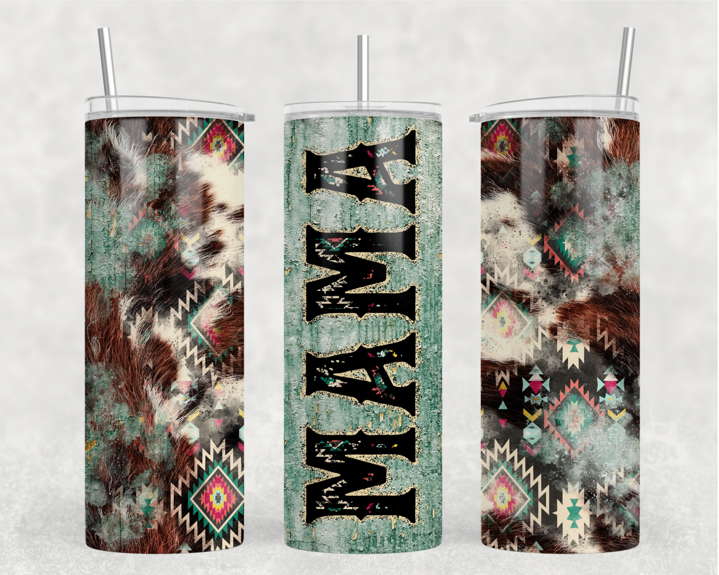 Teal Cow Print Mama Tumbler Wrap