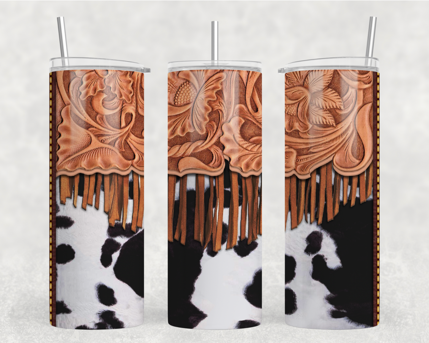 Tooled Leather & Black White Cow Print Tumbler Wrap