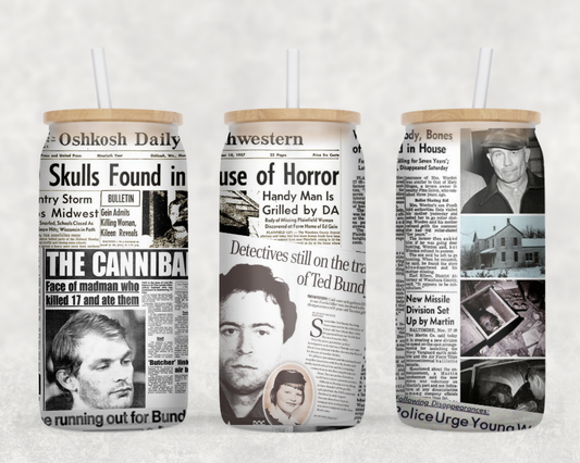 True Crime News Paper Glass Can Wrap