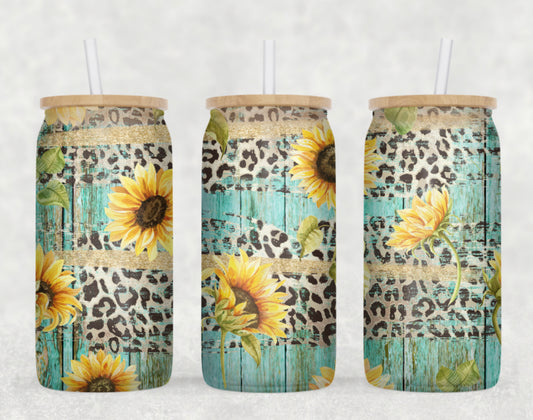 Teal Wood & Sunflowers Glass Can Wrap